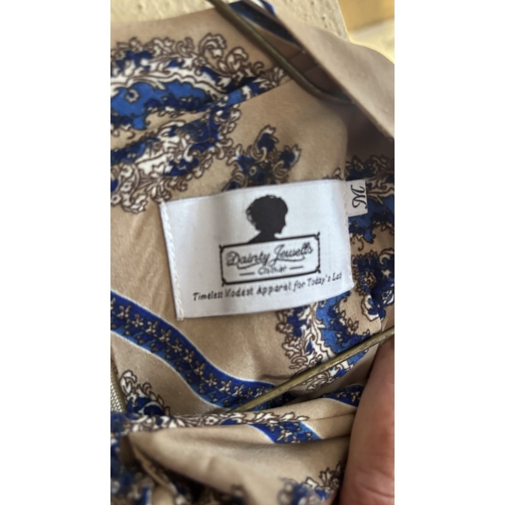 Dainty Jewells Modest Midi Dress Med Beige & Blue Cottage Core Retro Mad Men - Picture 8 of 8